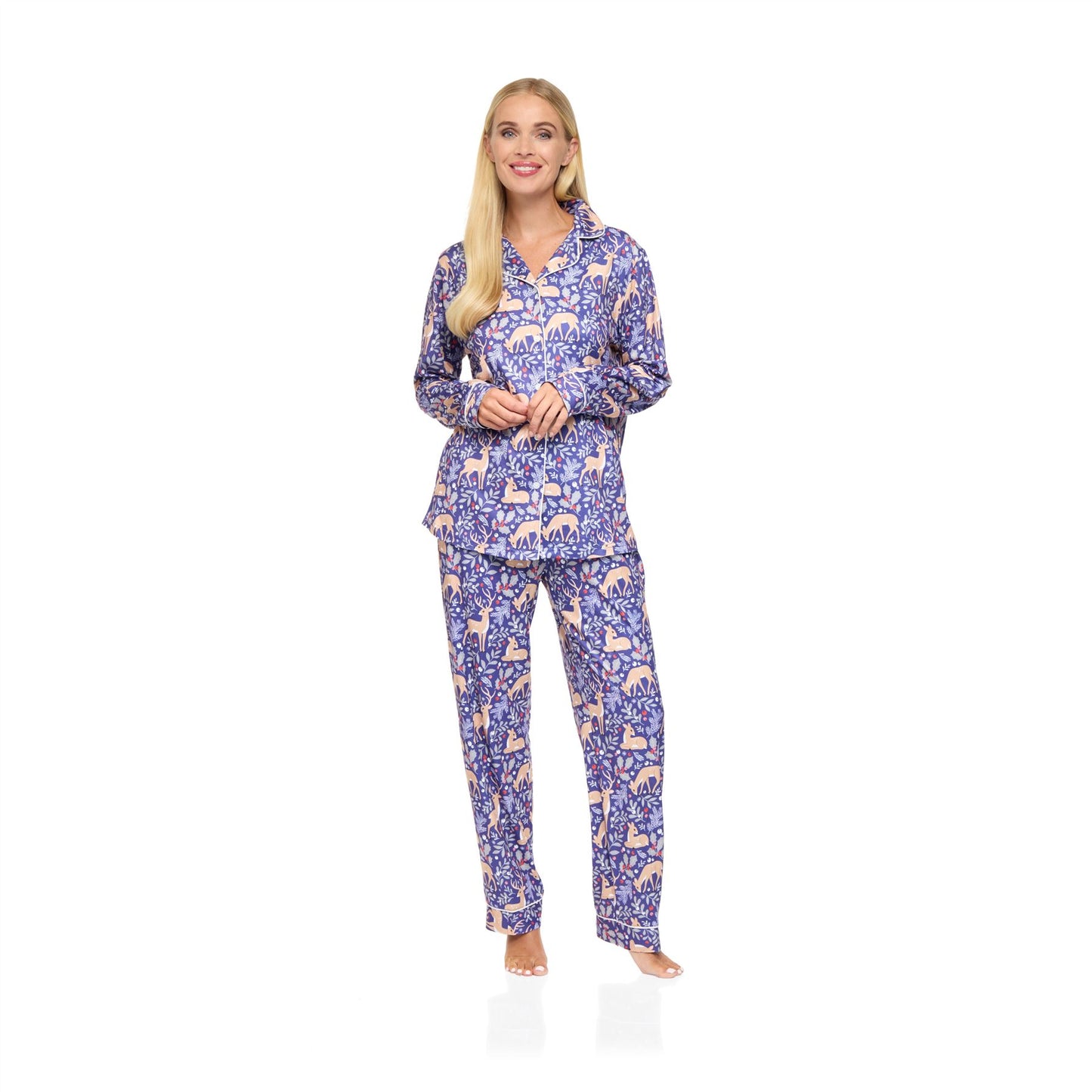 La Marquise Womens Jersey Knit Button Through Winter Fawn Pyjamas - Blue