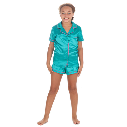 Slumber Party Girls Satin Pyjama Top and Shorts - Teal/Pink