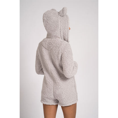 Loungeable Womens Teddy Sherpa Fleece Romper Onesie - Silver