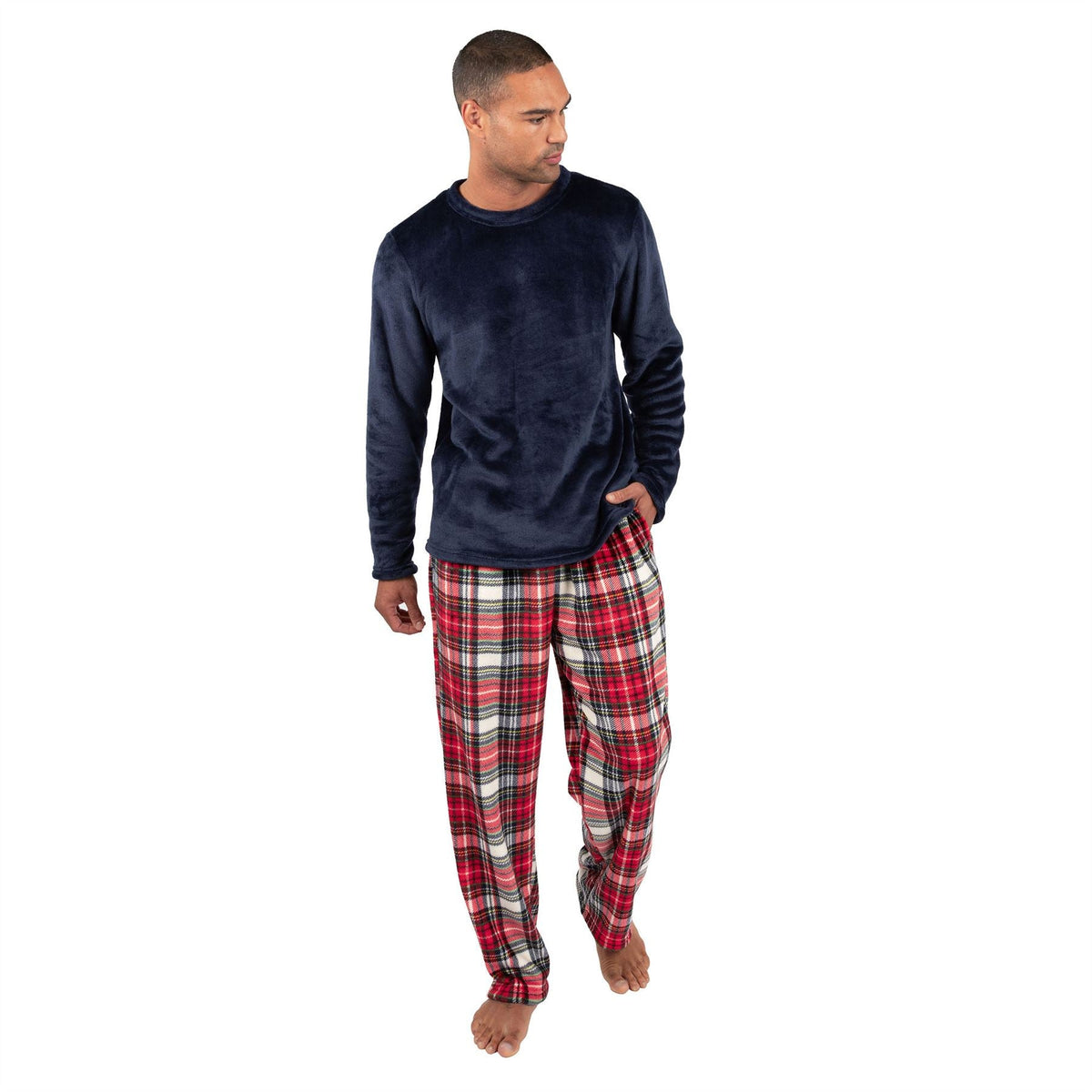 Cargo Bay Mens Crew Neck Fleece Pyjamas - Navy/Red Check Cargo Bay