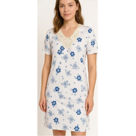 Fine Woman Womens Floral Lace Applique Nightdress - White/Blue Fine Woman