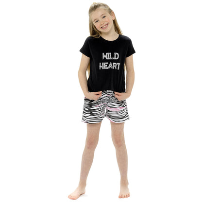 Foxbury Girls 'Wild Heart' Pyjama Top and Shorts - Black/Print