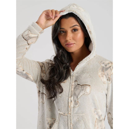 Loungeable Womens Teddy Bear Print Fleece Onesie - Taupe