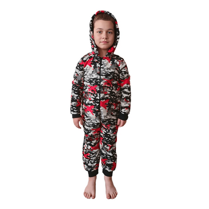 Kids Camo Hooded Fleece Onesie - Grey