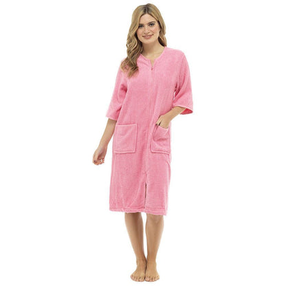 Tom Franks Womens Zip Through Towelling Robe - Pink