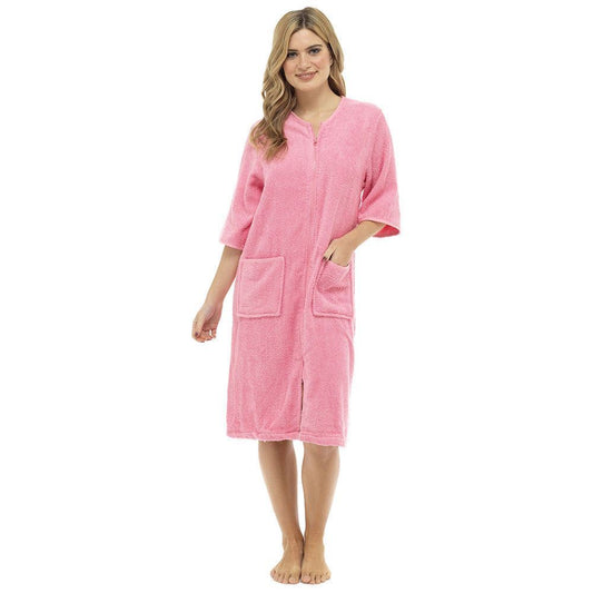 Tom Franks Womens Zip Through Towelling Robe - Pink