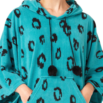 Indigo Sky Womens Fleece Animal Print Oversized Poncho - Teal