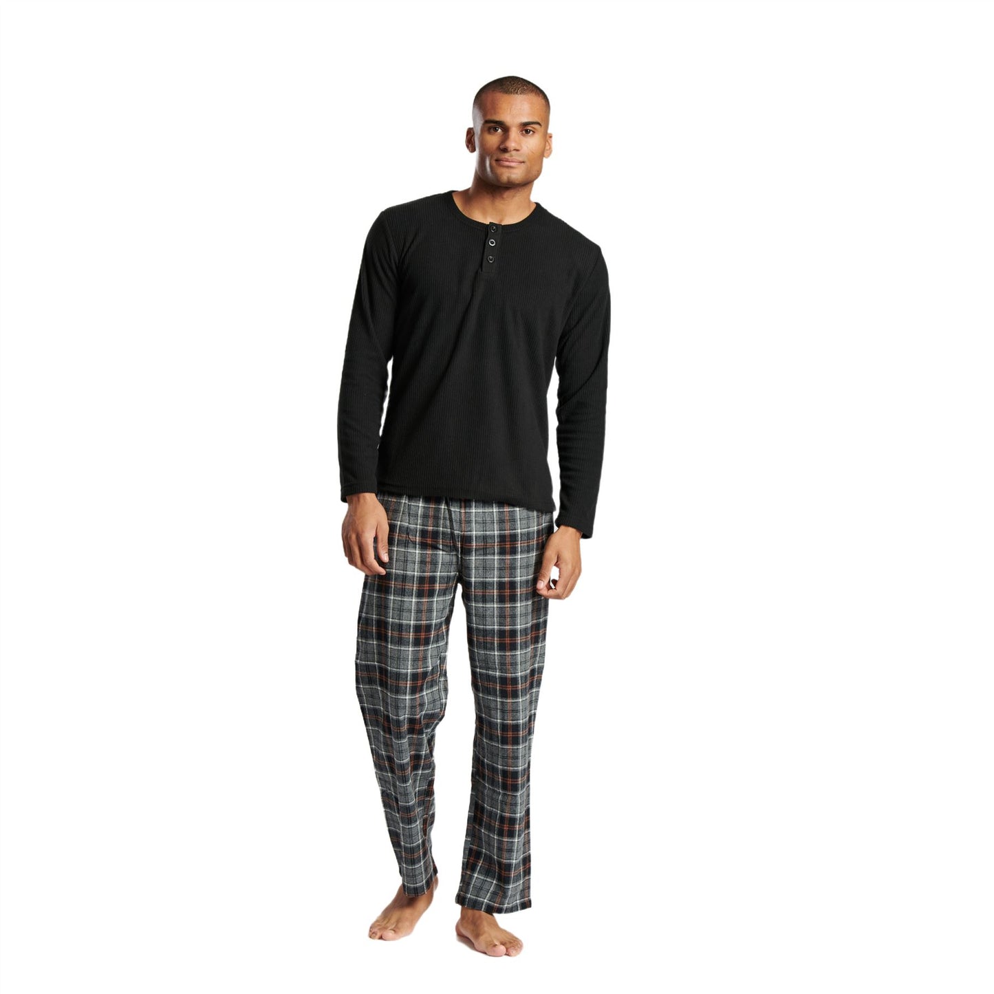 Loungeable Mens Ribbed Fleece/Woven Pyjamas - Black/Grey Check