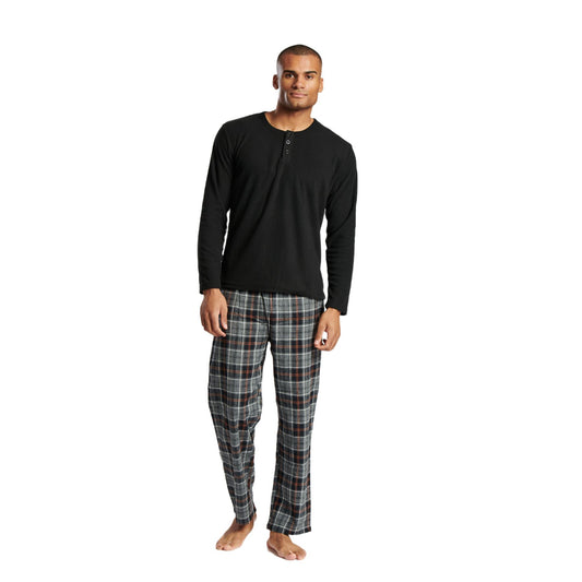 Loungeable Mens Ribbed Fleece/Woven Pyjamas - Black/Grey Check