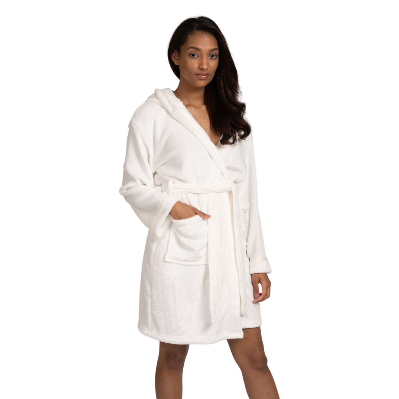 Loungeable Womens Satin Trim Fleece Hooded Robe - Ivory