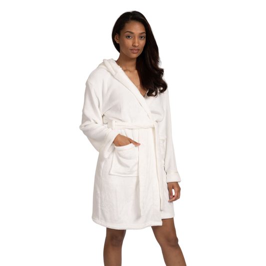 Loungeable Womens Satin Trim Fleece Hooded Robe - Ivory