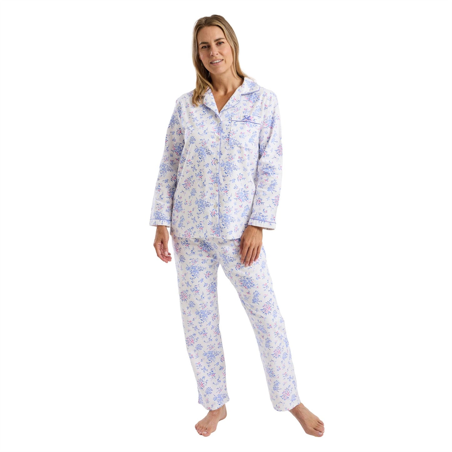 Marlon Womens Floral Bouqet Brushed Cotton Pyjamas - Blue