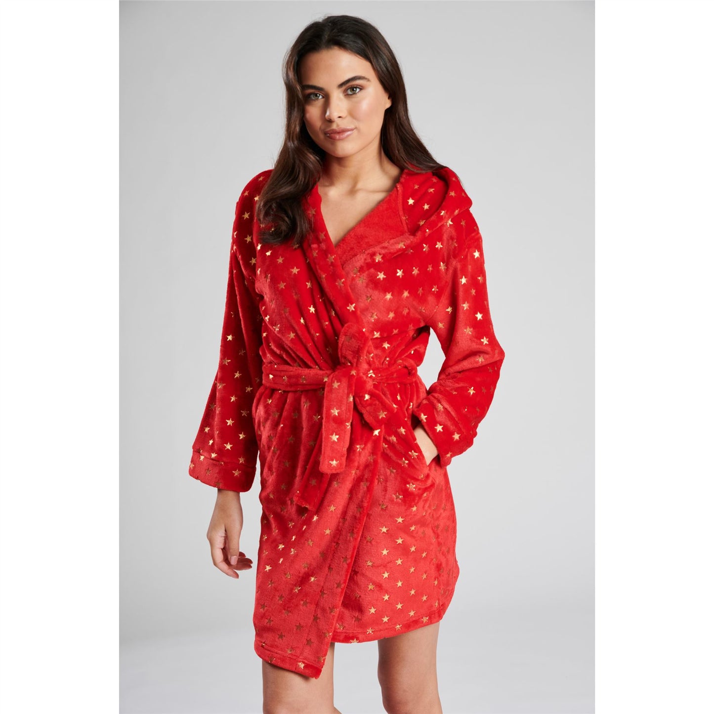 Loungeable Womens Star Fleece Hooded Robe - Red/Gold