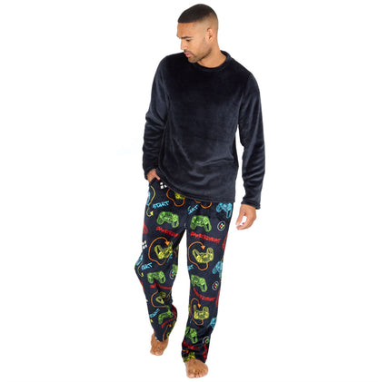 Cargo Bay Mens Fleece Pyjamas - Navy/Gaming Print