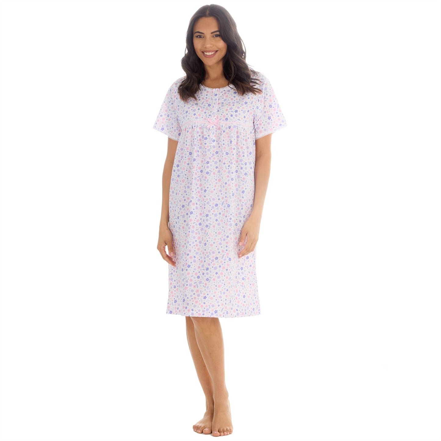 Countess Christie Short Sleeve Woven Poplin Floral Nightdress - Purple/Pink