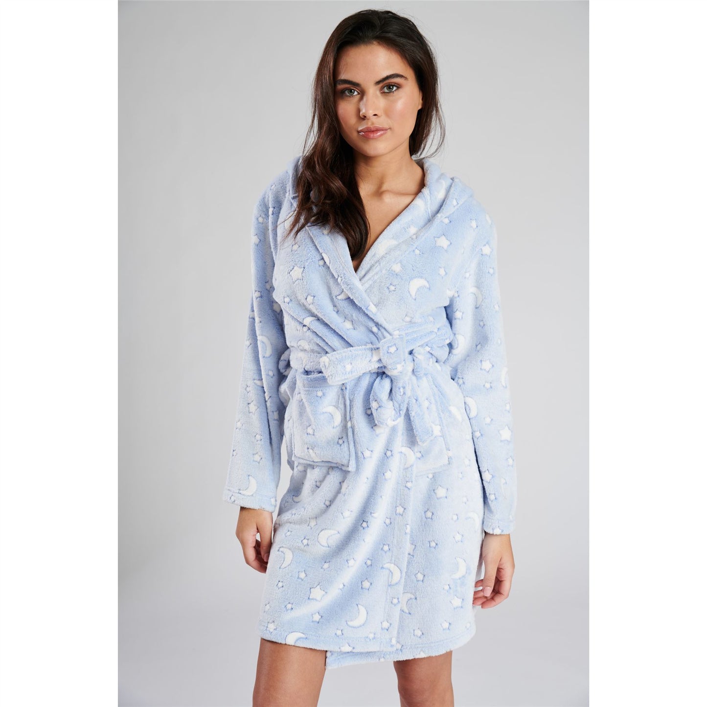 Loungeable Womens Moon/Stars Fleece Hooded Robe - Blue