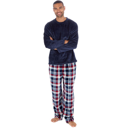Cargo Bay Mens Fleece Check Pyjamas - Navy/Burgundy Check