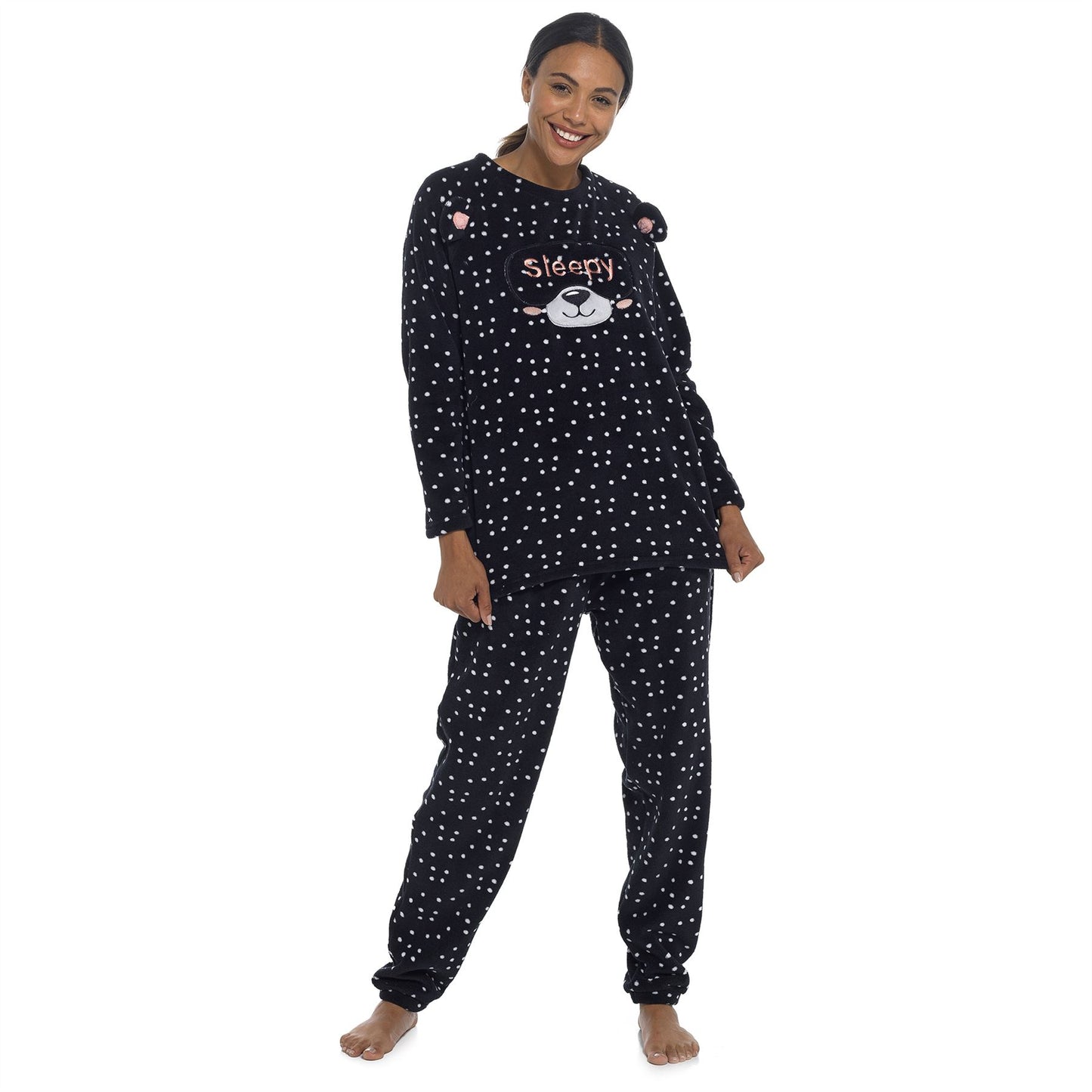 Foxbury Womens Applique Panda Fleece Pyjamas - Black