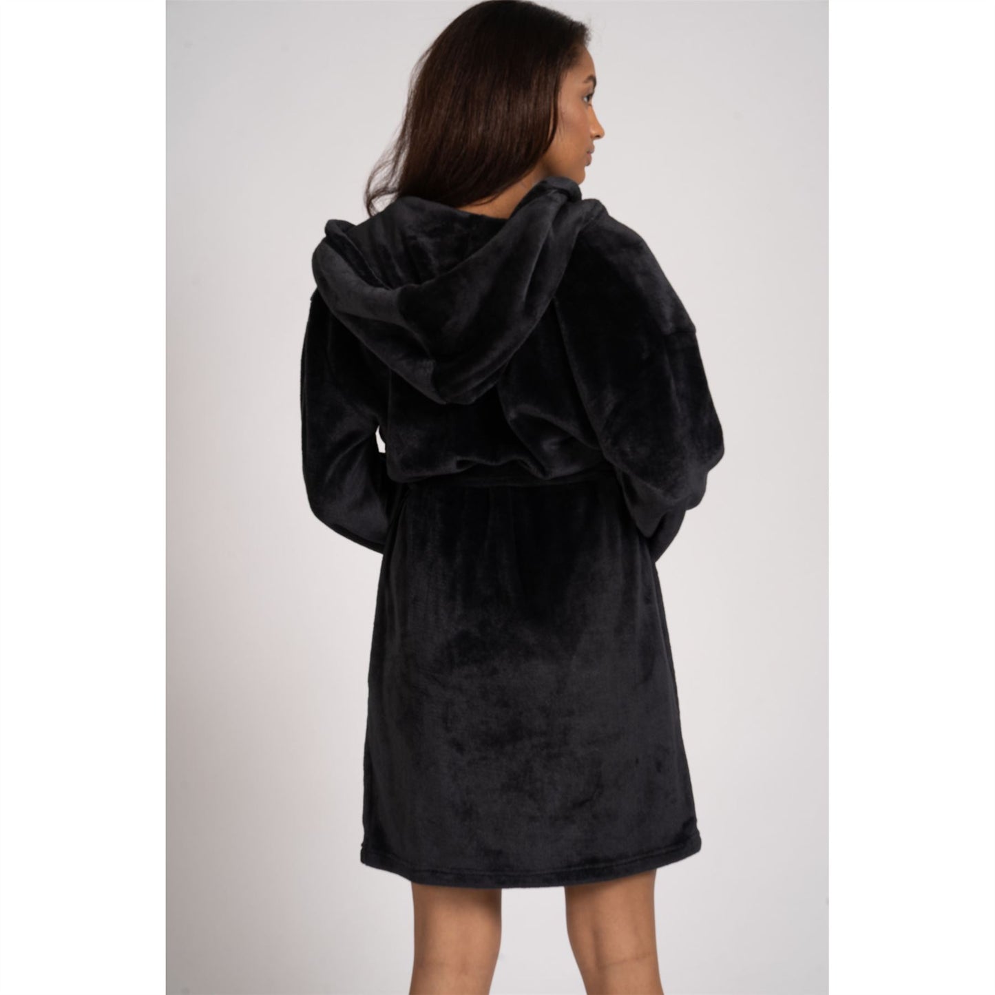 Loungeable Womens Satin Trim Fleece Hooded Robe - Black