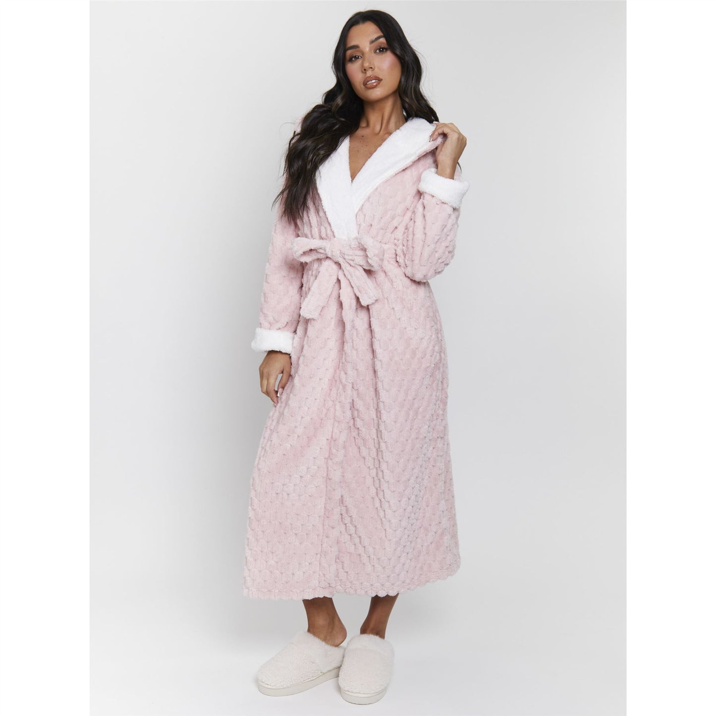 Loungeable Luxury Geometric Fleece Hooded Maxi Robe - Pink