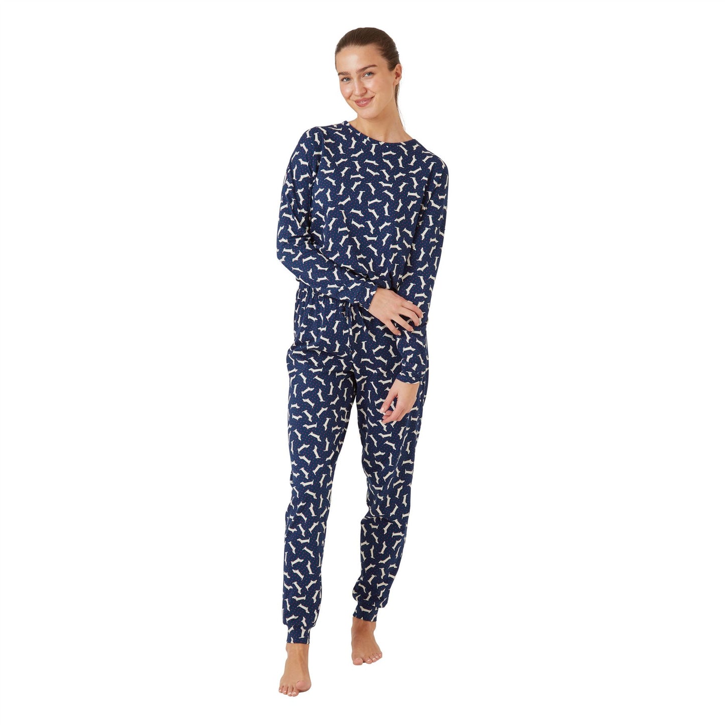 Indigo Sky Womens Dachshund Jersey Cotton Pyjamas - Navy
