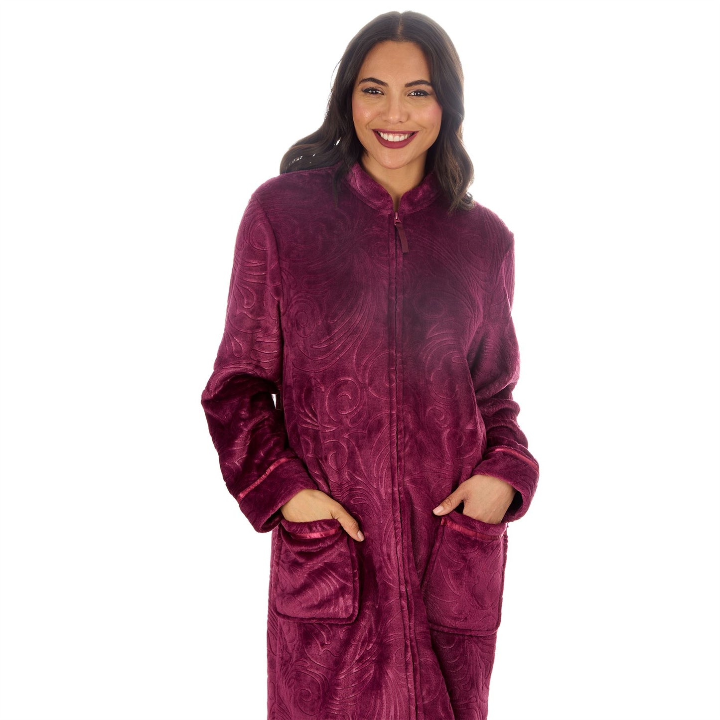 Countess Christie Womens Embossed Fleece Zip Robe - Burgundy