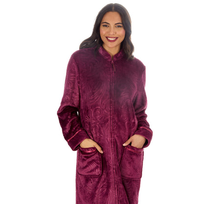 Countess Christie Womens Embossed Fleece Zip Robe - Burgundy