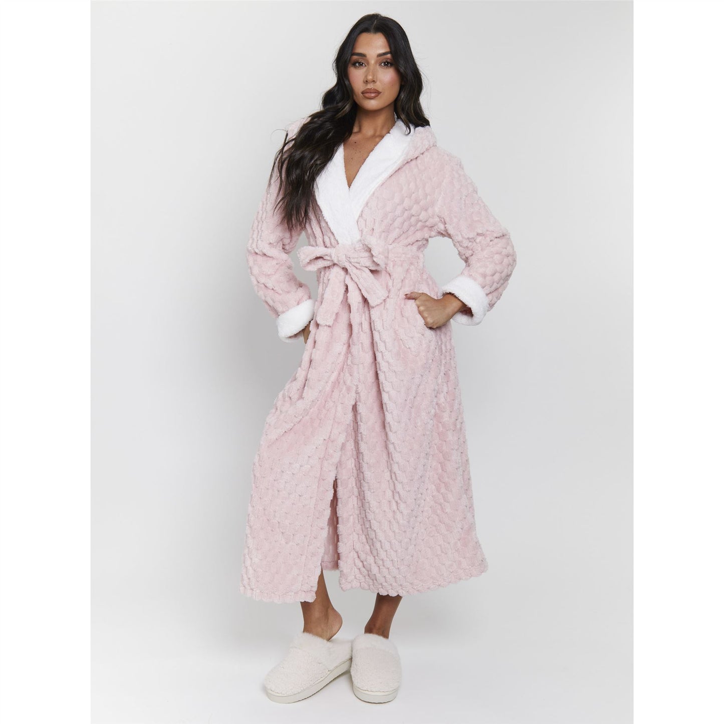 Loungeable Luxury Geometric Fleece Hooded Maxi Robe - Pink