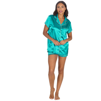 Slumber Party Womens Satin Pyjama Top and Shorts - Teal