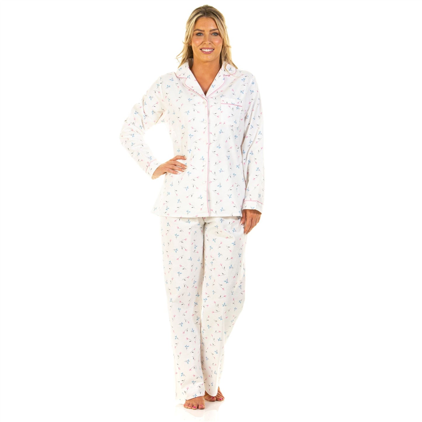 Sue Marks Womens Flower Print Brushed Cotton Pyjamas - Ivory