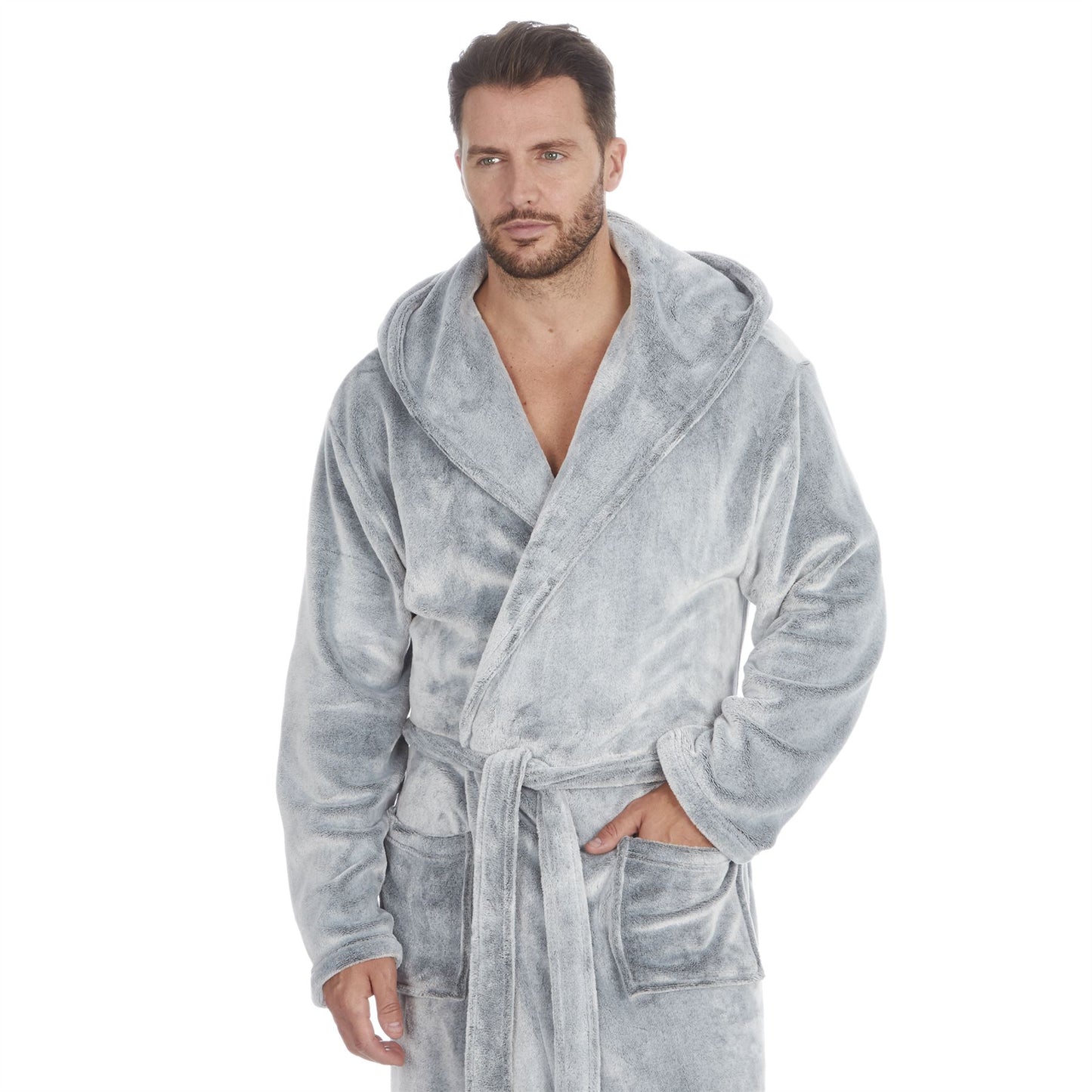 Cargo Bay Mens Frosted Flannel Fleece Hooded Robe - Grey