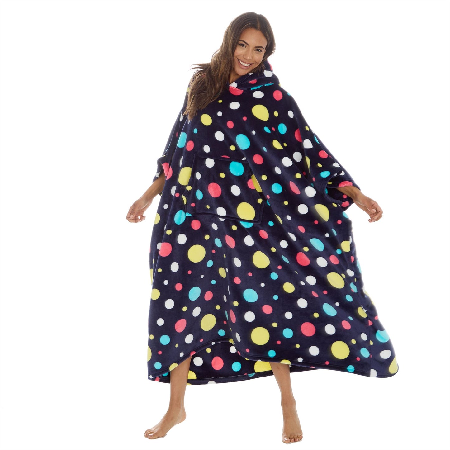 Huggable Hoodie Womens Fleece Oversized Poncho - Navy Spots