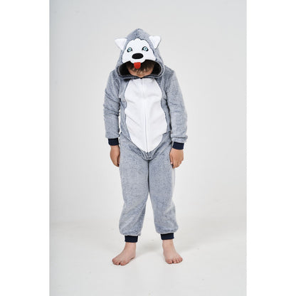 Nifty Kids Husky Dog Fleece Onesie - Blue/Grey
