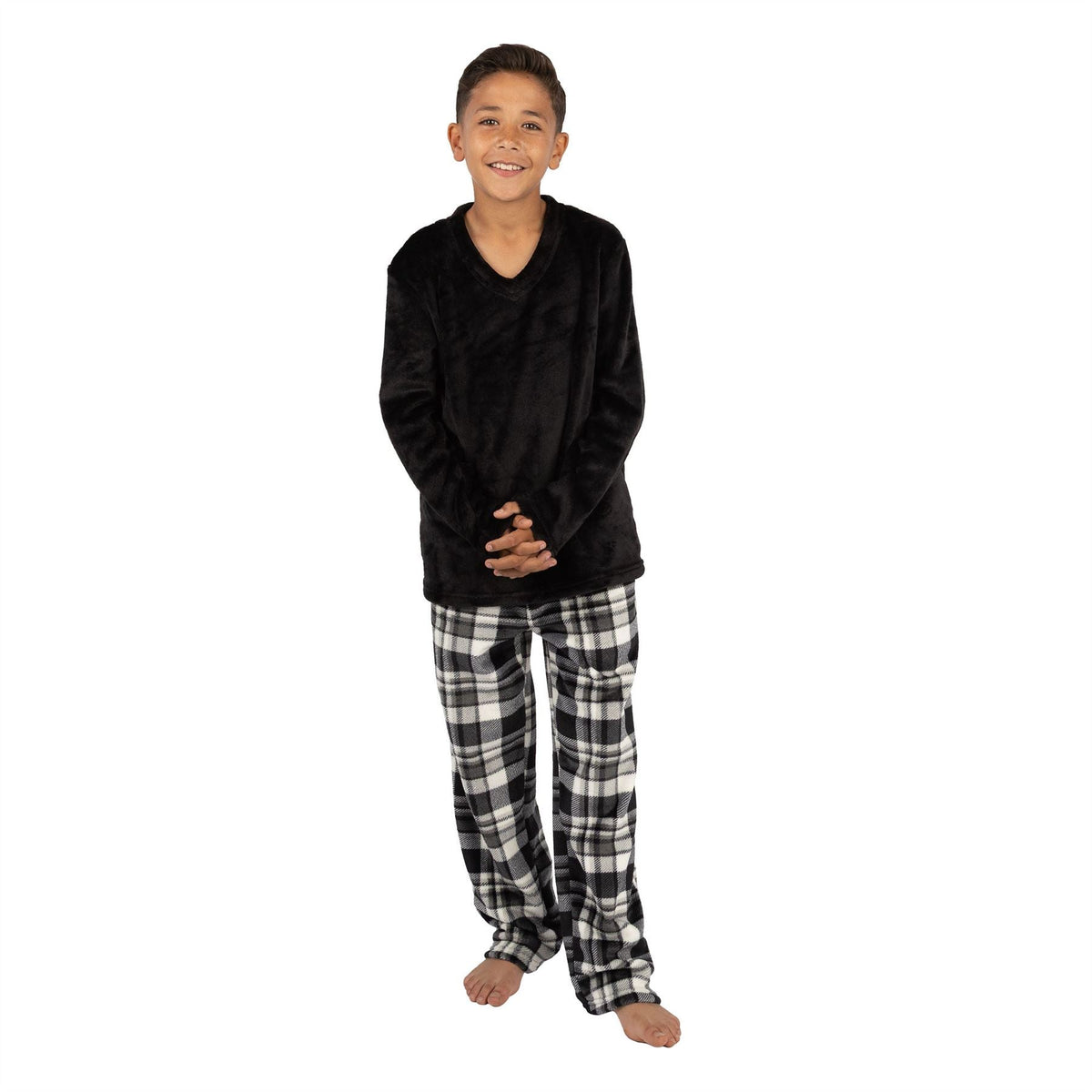 Cargo Bay Kids Fleece Pyjamas - Black Check Cargo Bay