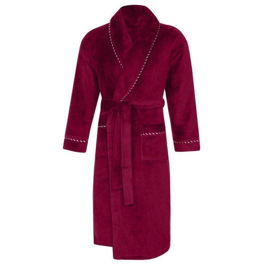 Loungeable Mens Shawl Collar Fleece Robe With Rope Detail - Burgundy