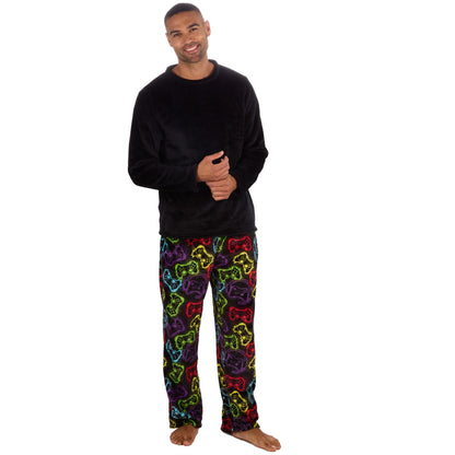 Cargo Bay Mens Fleece Gamer Print Pyjamas - Black/Multi