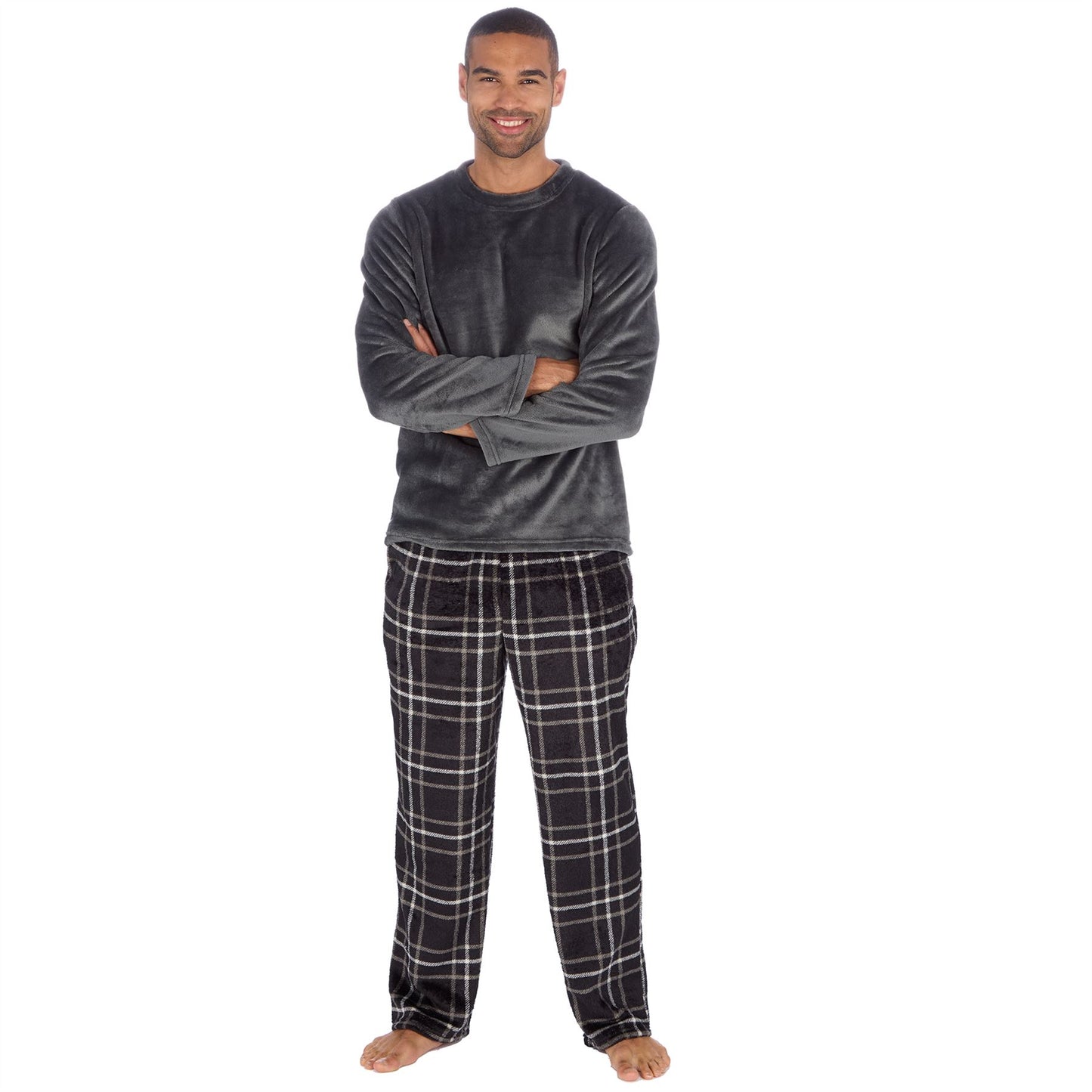 Cargo Bay Mens Fleece Check Pyjamas - Grey/Black Check