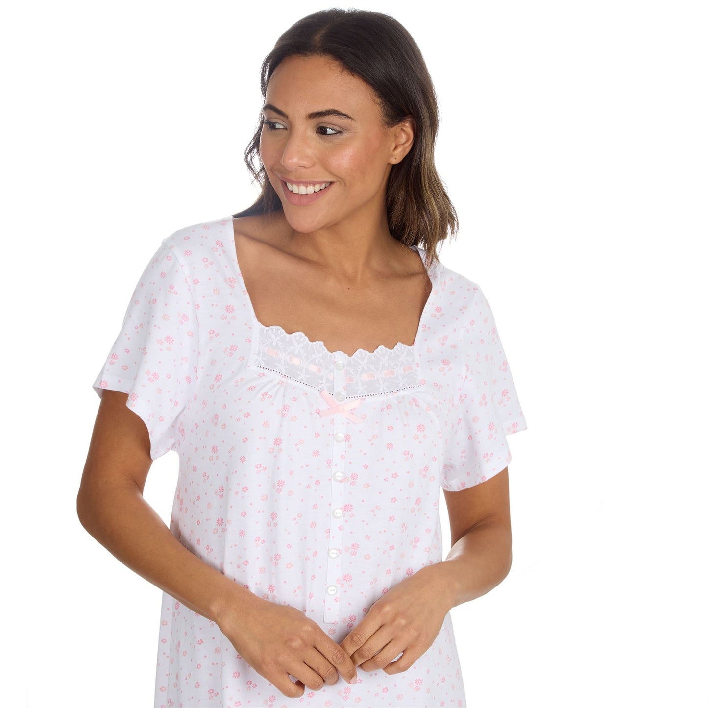 Cottonique Short Sleeve Floral Nightdress - White/Pink Cottonique