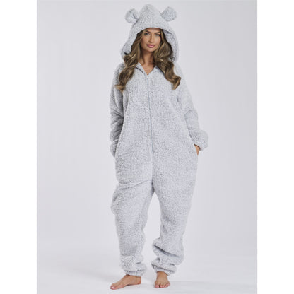 Loungeable Womens Sherpa Fleece Teddy Bear Onesie - Silver