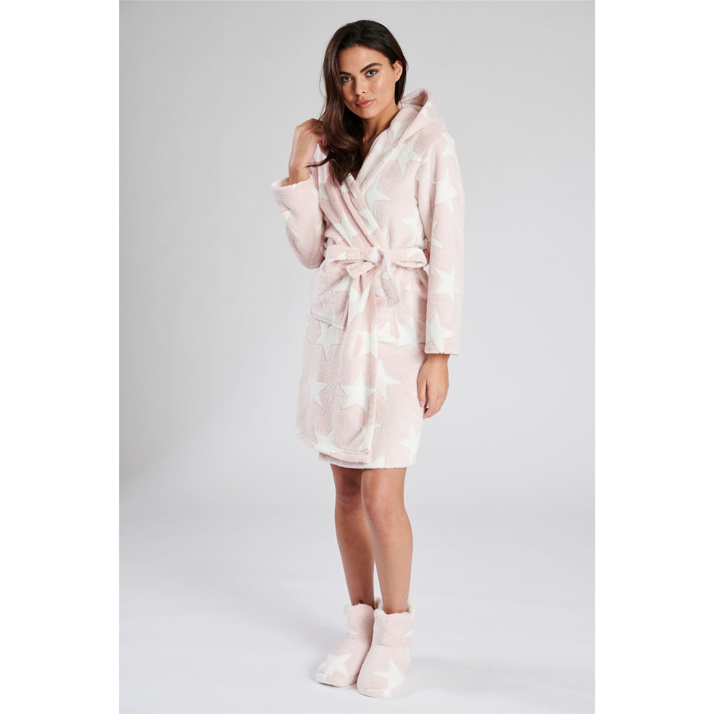 Loungeable Womens Star Embossed Fleece Hooded Robe - Pink