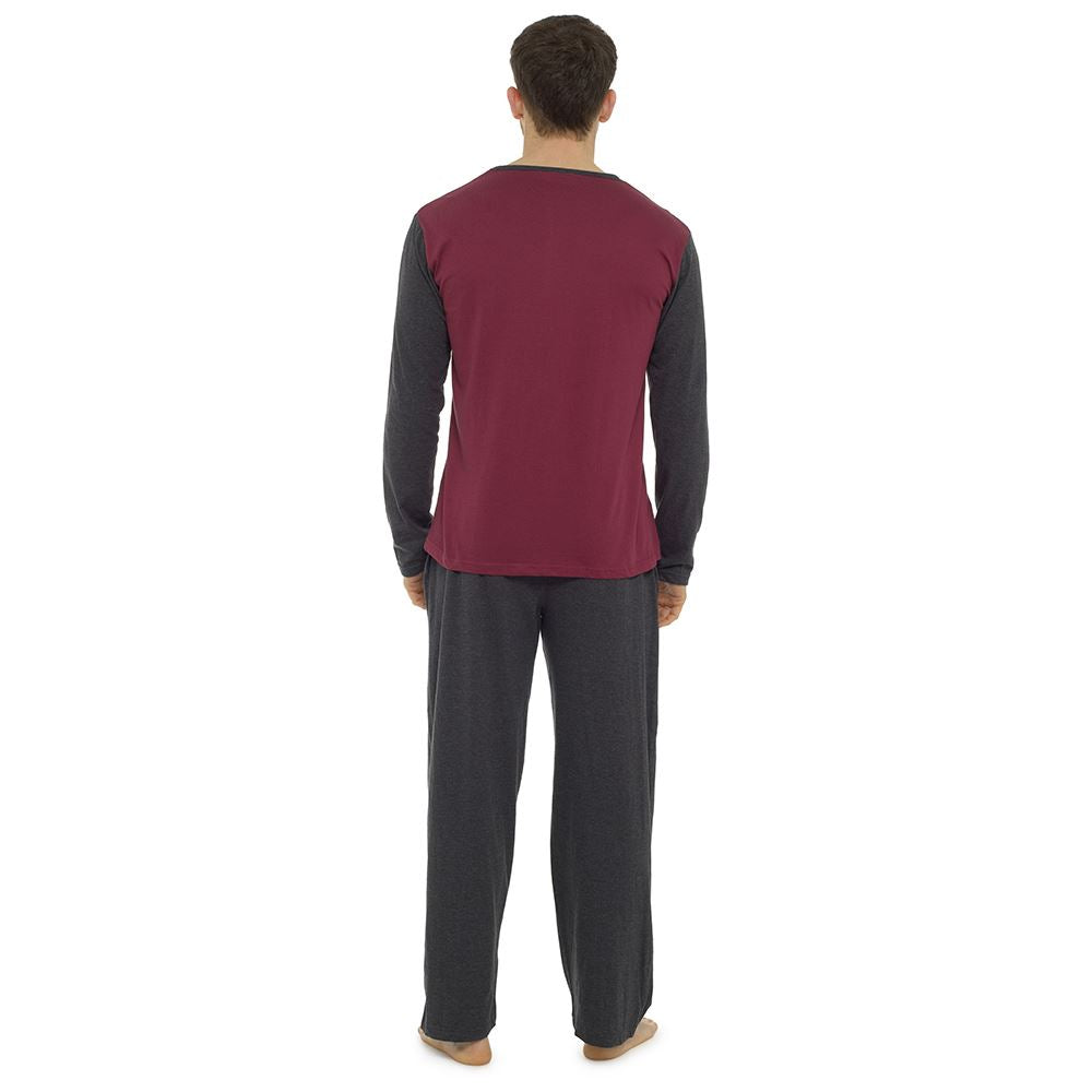 Tom Franks Mens Contrast Long Sleeve Jersey Pyjamas - Grey/Red