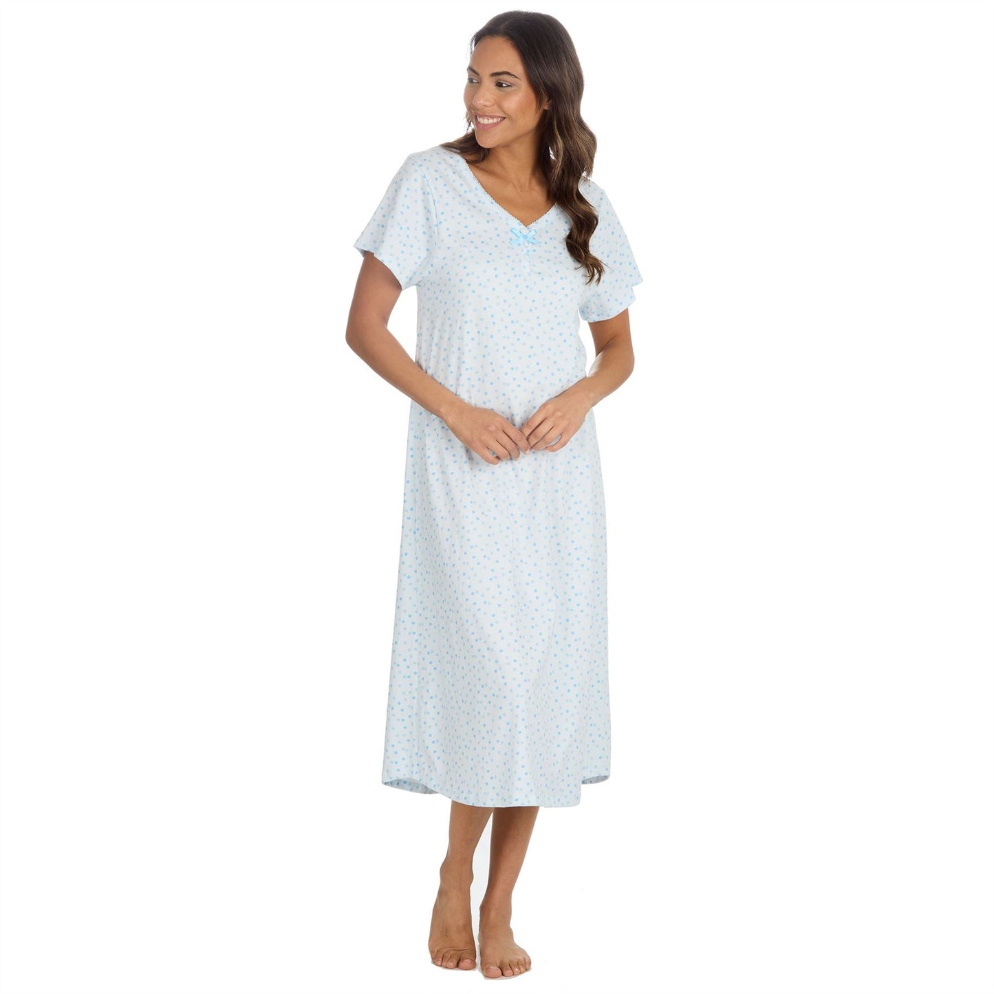 Cottonique Short Sleeve Pastel Spot Longline Nightdress - Blue Cottonique