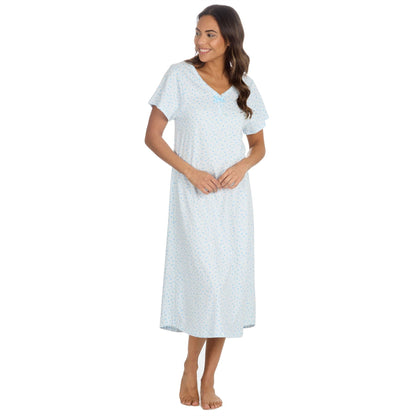 Cottonique Short Sleeve Pastel Spot Longline Nightdress - Blue Cottonique