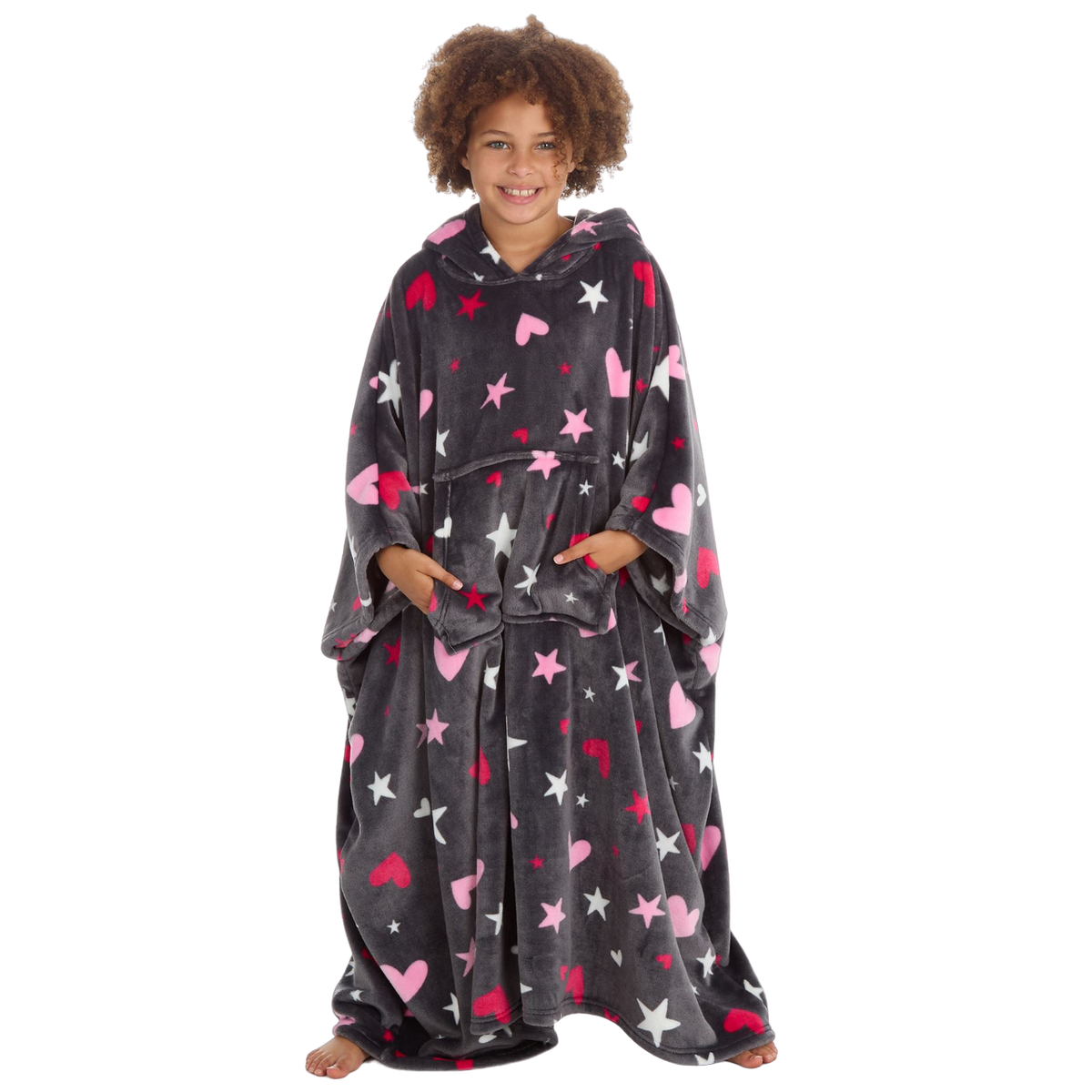 Huggable Hoodie Kids Fleece Oversized Poncho - Grey Stars/Hearts Huggable Hoodie