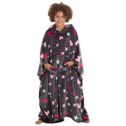 Huggable Hoodie Kids Fleece Oversized Poncho - Grey Stars/Hearts Huggable Hoodie