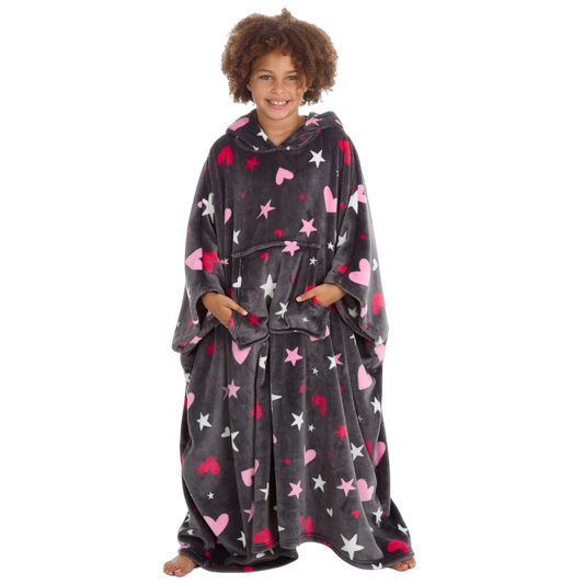 Huggable Hoodie Kids Fleece Oversized Poncho - Grey Stars/Hearts Huggable Hoodie