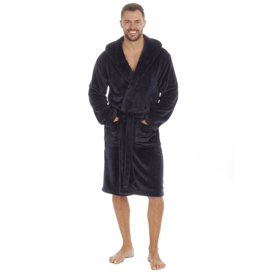 Pierre Roche Mens Flannel Fleece Hooded Robe - Navy (3XL-5XL)