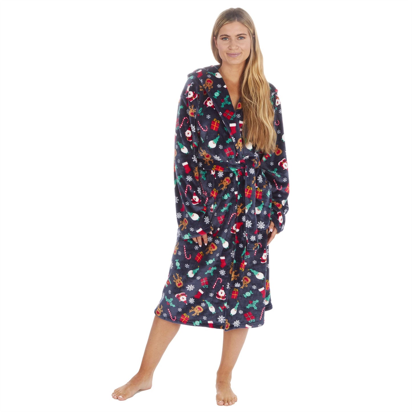 Onezee Unisex Christmas Print Flannel Fleece Robe - Navy
