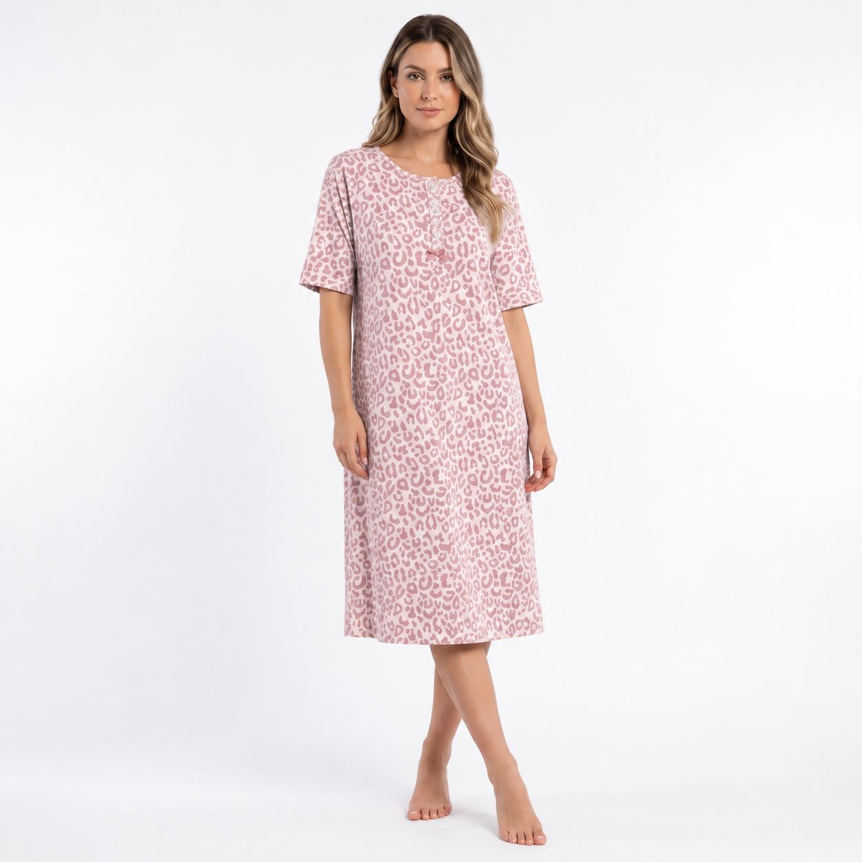 Fine Woman Womens Animal Print Short Sleeve Nightdress - Pink Fine Woman