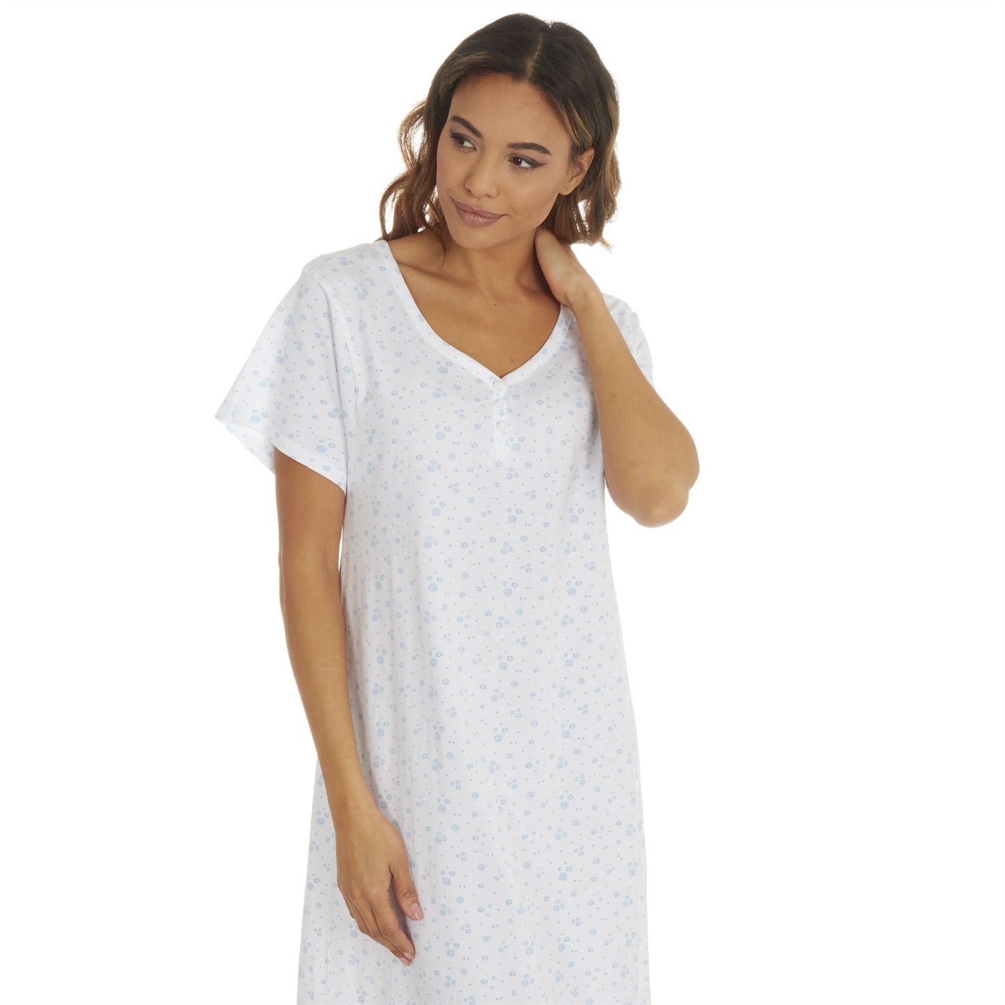 Cottonique Short Sleeve Floral Nightdress - White/Blue